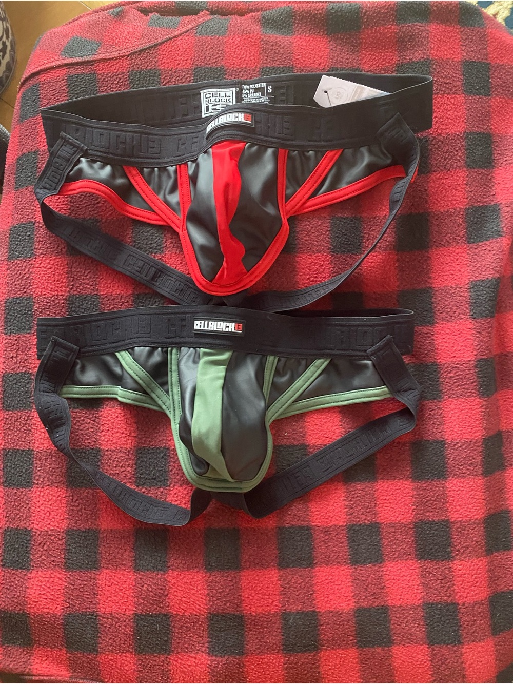 CellBlock 13 Men’s Contrast Pouch Jockstraps — Red & Green Panels (2-Pack)